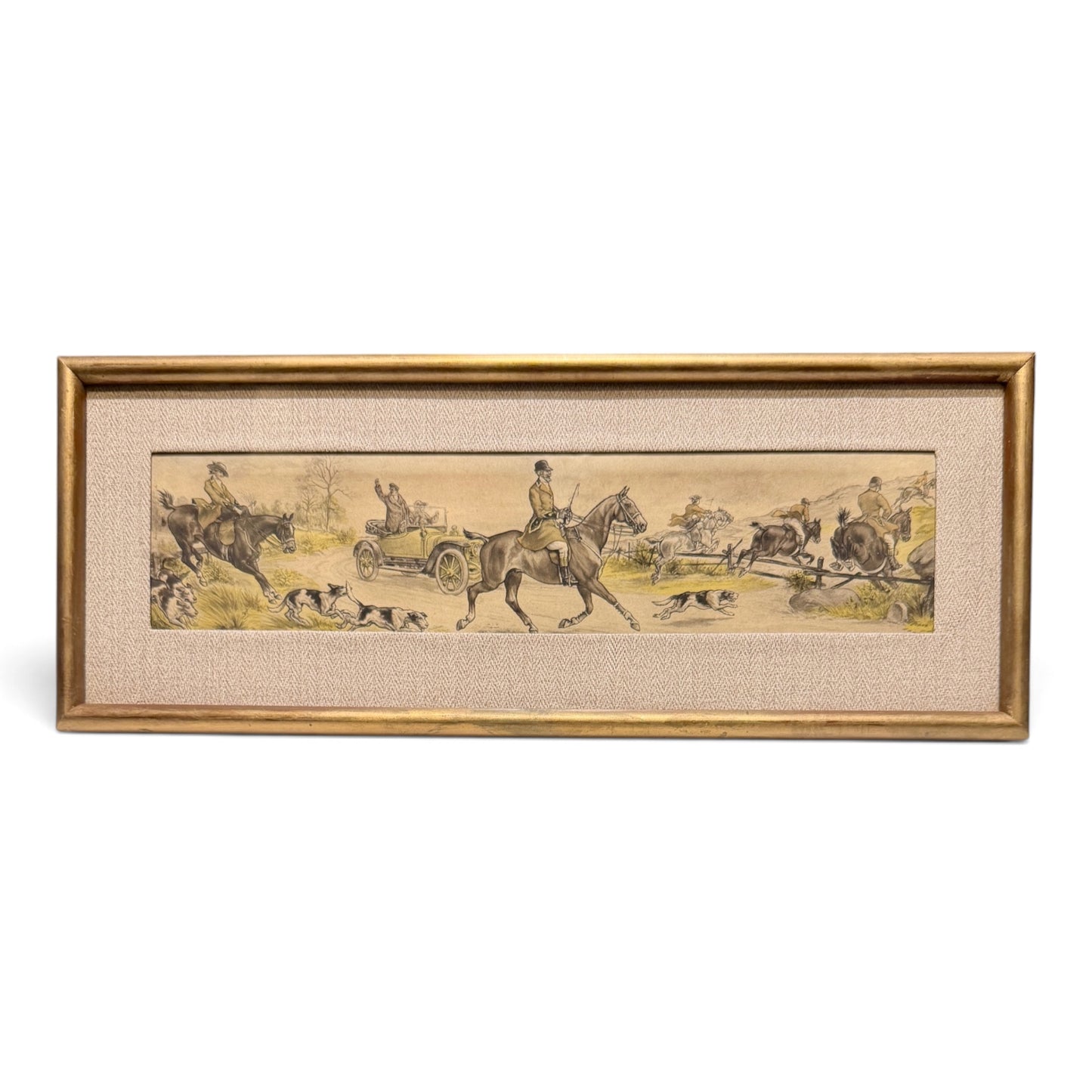 Vintage English Fox Hunt Panoramic Sporting Engravings in Gilt Frames — Set of Three