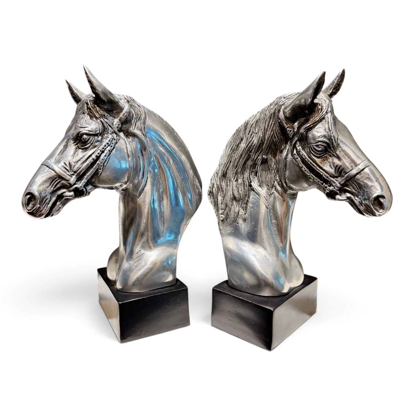Vintage Silver Equestrian Horse Head Bookends – Large Sculptural Pair