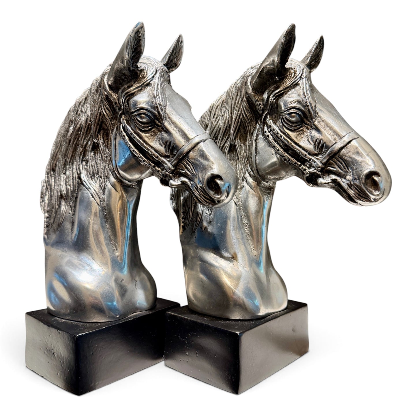 Vintage Silver Equestrian Horse Head Bookends – Large Sculptural Pair