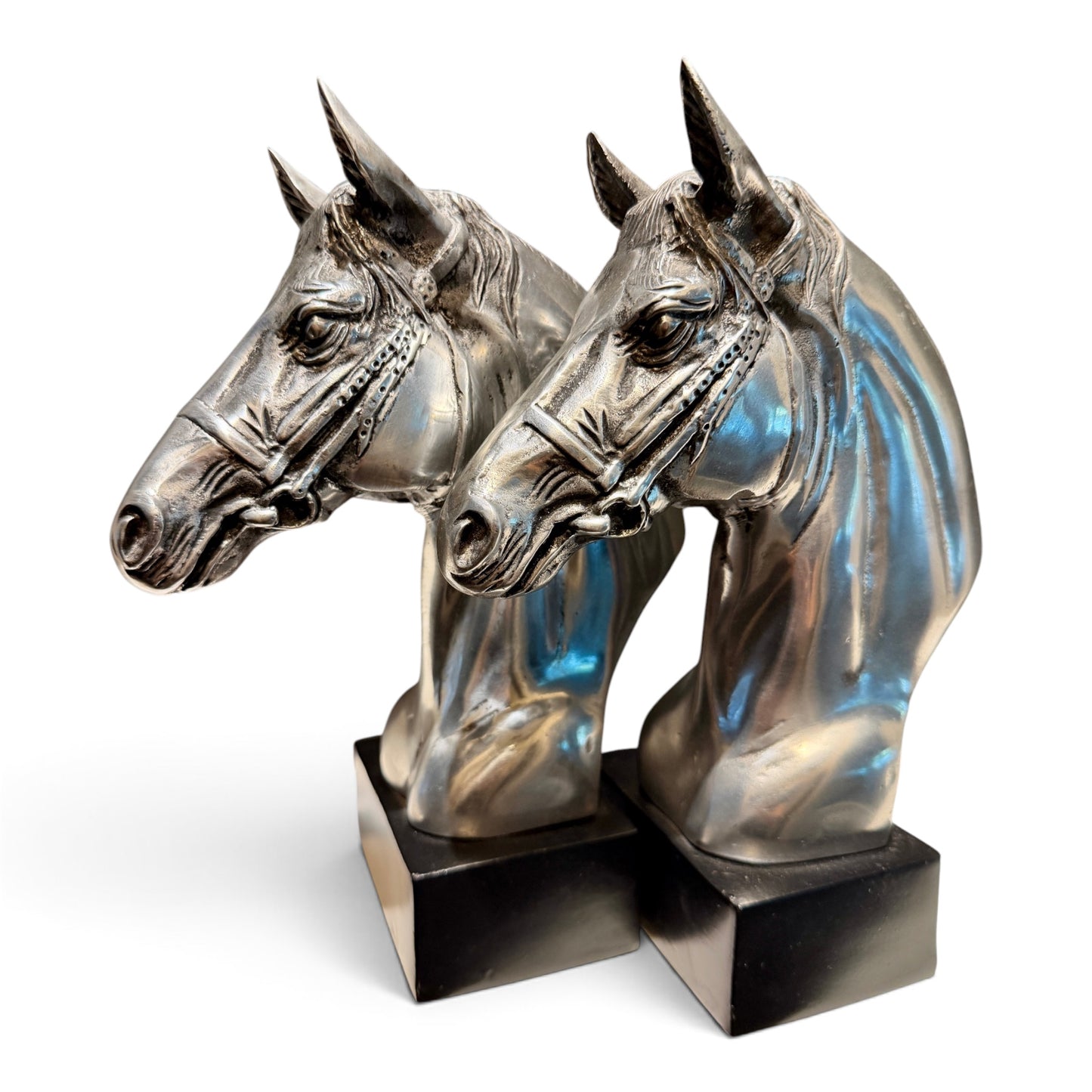 Vintage Silver Equestrian Horse Head Bookends – Large Sculptural Pair