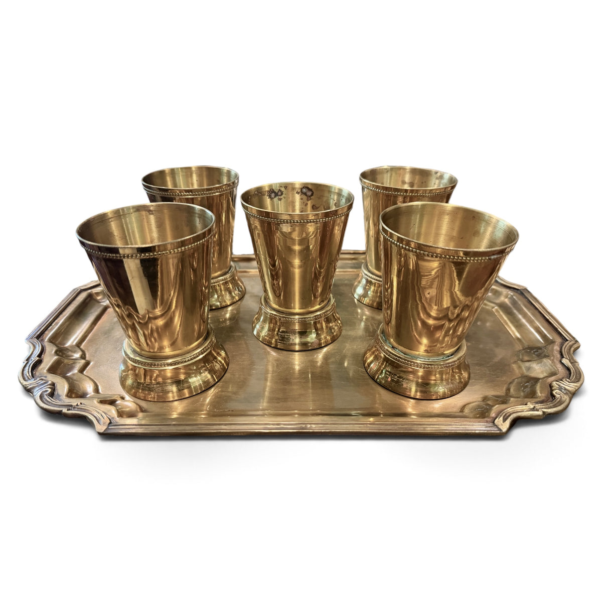 Vintage Julep Cup Set with Brass Ornate Serving Tray — Set of Five