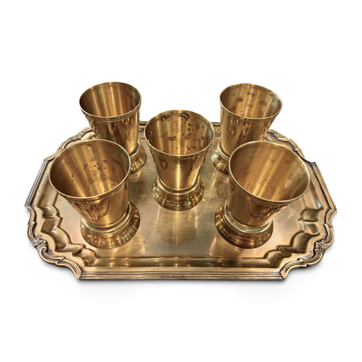 Vintage Julep Cup Set with Brass Ornate Serving Tray — Set of Five