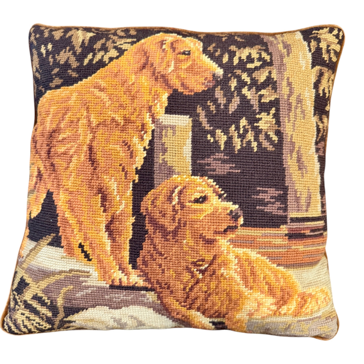 Vintage Wool Needlepoint Sporting Dog Pillow with Velvet Backing