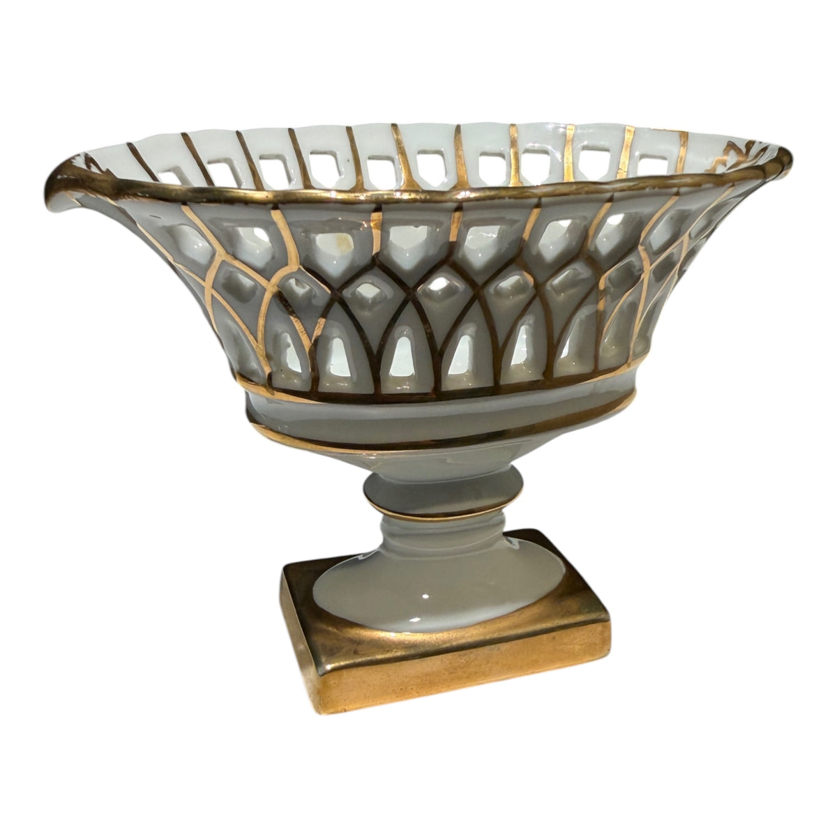 Vintage White & Gold Reticulated Porcelain Pedestal Compote