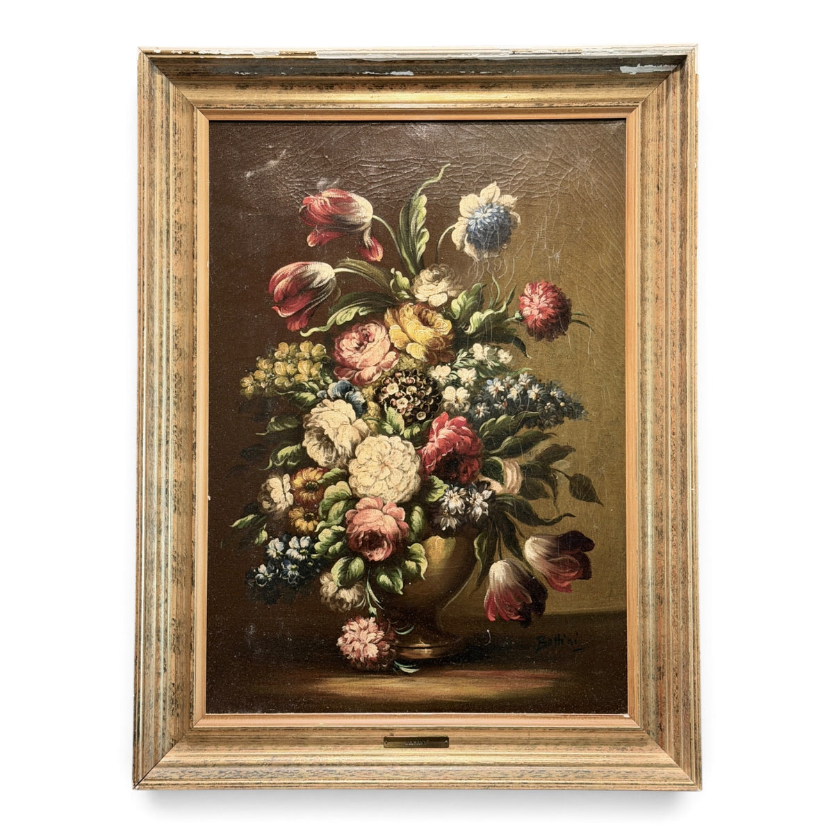 Vintage Signed Bertini Original Floral Still Life Oil Painting in Gilt Frame