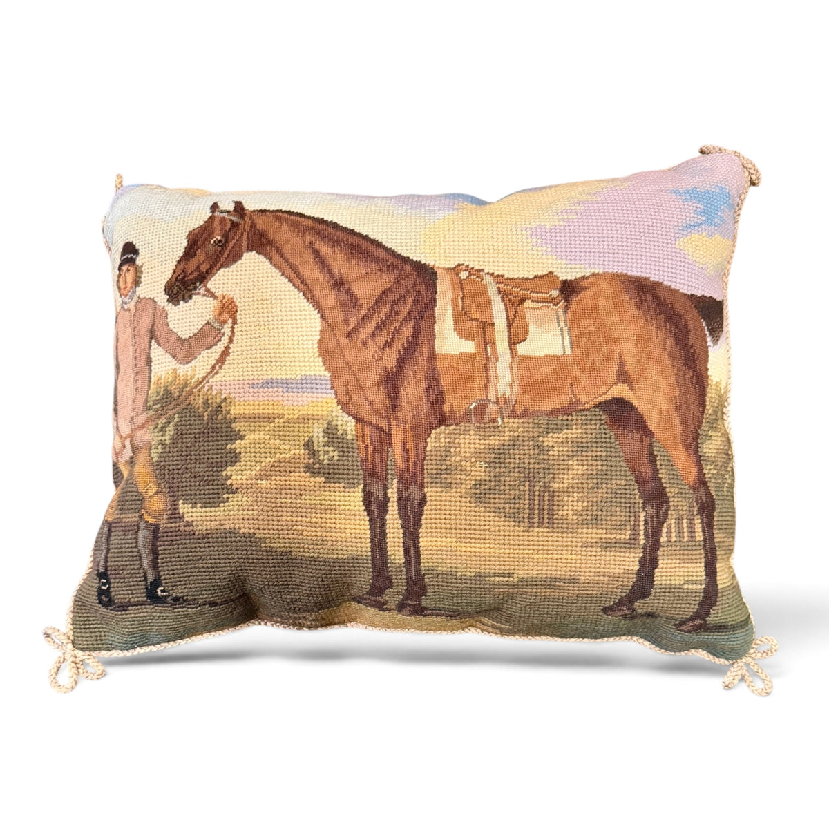 Vintage Equestrian Horse & Rider Wool Needlepoint Pillow