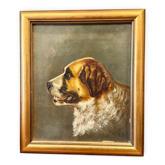 Antique Signed Oil Portrait of a Saint Bernard Dog in Gilt Frame