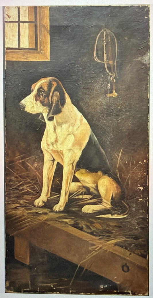 Antique Original English Oil Painting of a Hound in a Stable, c.1921, Signed K. Upton