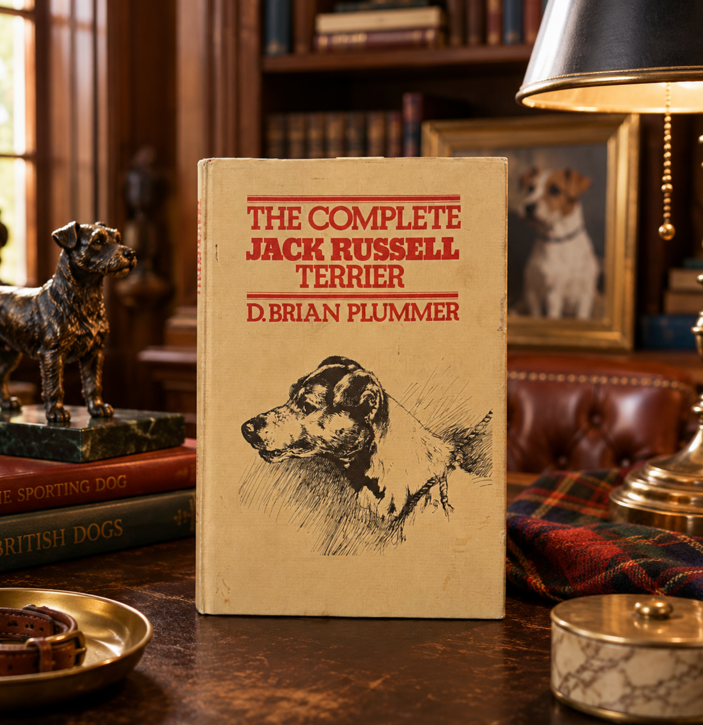 A vintage hardcover book titled 'The Complete Jack Russell Terrier' by D. Brian Plummer stands upright on a wooden table in a cozy, darkly lit room.