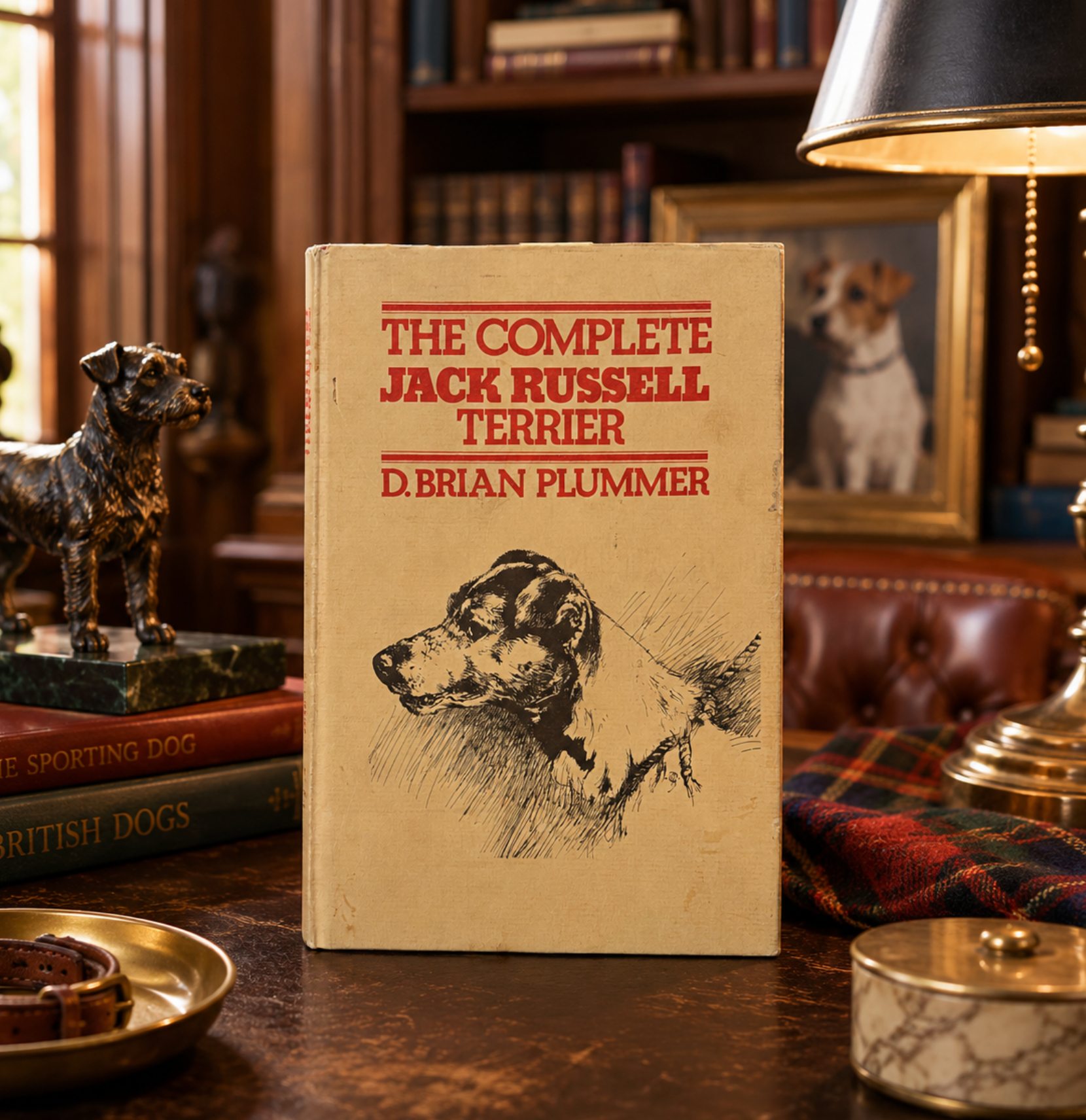 A vintage hardcover book titled 'The Complete Jack Russell Terrier' by D. Brian Plummer stands upright on a wooden table in a cozy, darkly lit room.