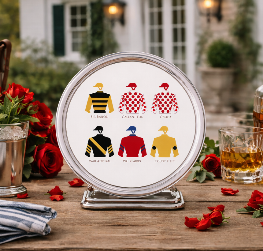 Decorative plate with jockey silks on a table with flowers and drinks