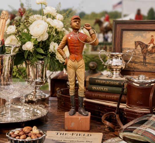 A vintage-style jockey figurine standing on a wooden base, surrounded by equestrian-themed decor including silver cups, books, flowers, and framed artwork on a table.