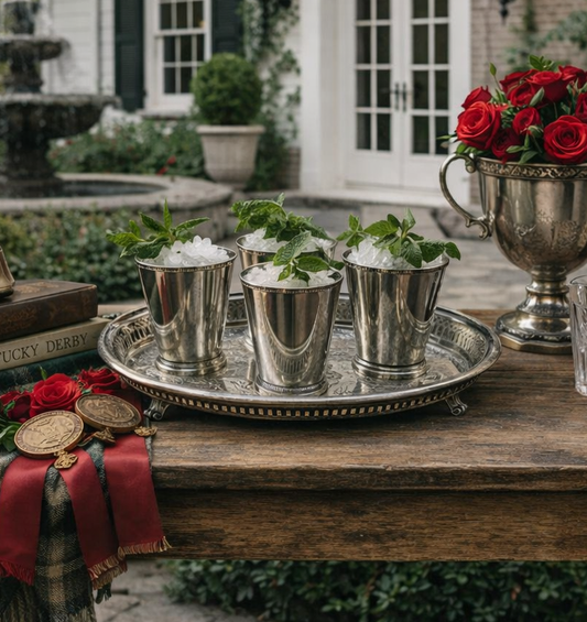 Silver cups with mint leaves on a tray, surrounded by red roses and decorative items, outdoors.