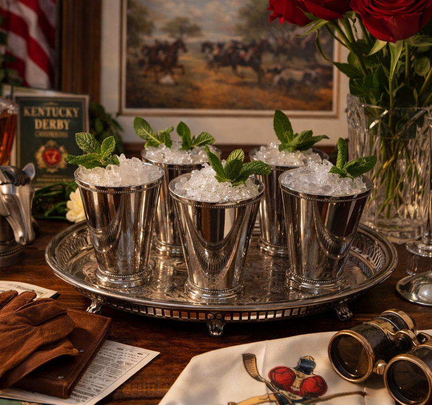 Silver mint julep cups on a tray with ice and mint leaves, set against a decorative background.