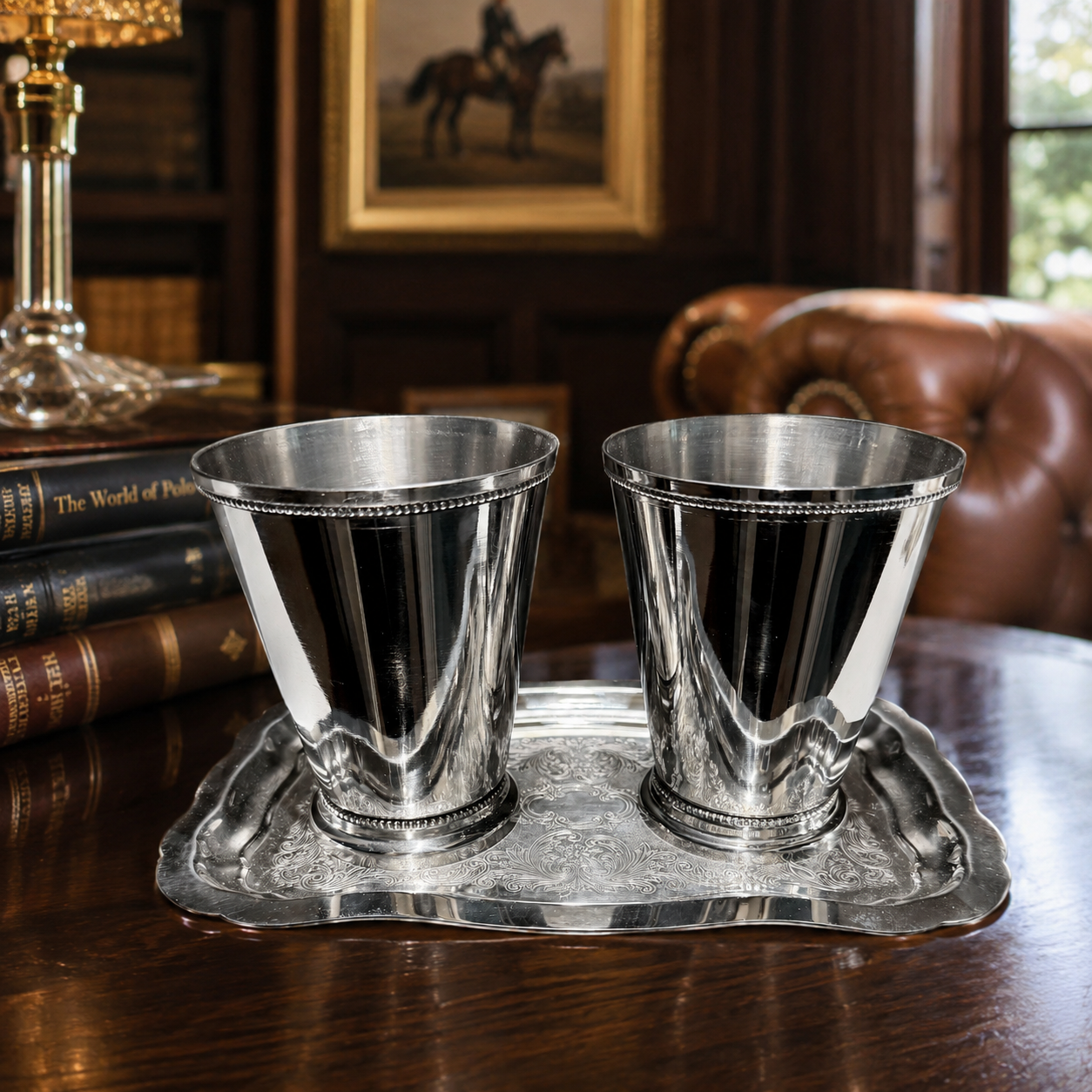 Vintage silver julep cups, silverplate julep cup set, Cheshire silver plate tray, Cheshire silver-plate 75, silver serving tray, mint julep cups, vintage barware, Southern entertaining, Charleston estate find, silverplate tray, cocktail cup set, vintage silver tray, bar cart decor, Derby party decor, classic entertaining set