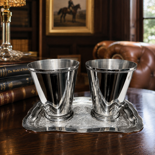 Vintage silver julep cups, silverplate julep cup set, Cheshire silver plate tray, Cheshire silver-plate 75, silver serving tray, mint julep cups, vintage barware, Southern entertaining, Charleston estate find, silverplate tray, cocktail cup set, vintage silver tray, bar cart decor, Derby party decor, classic entertaining set