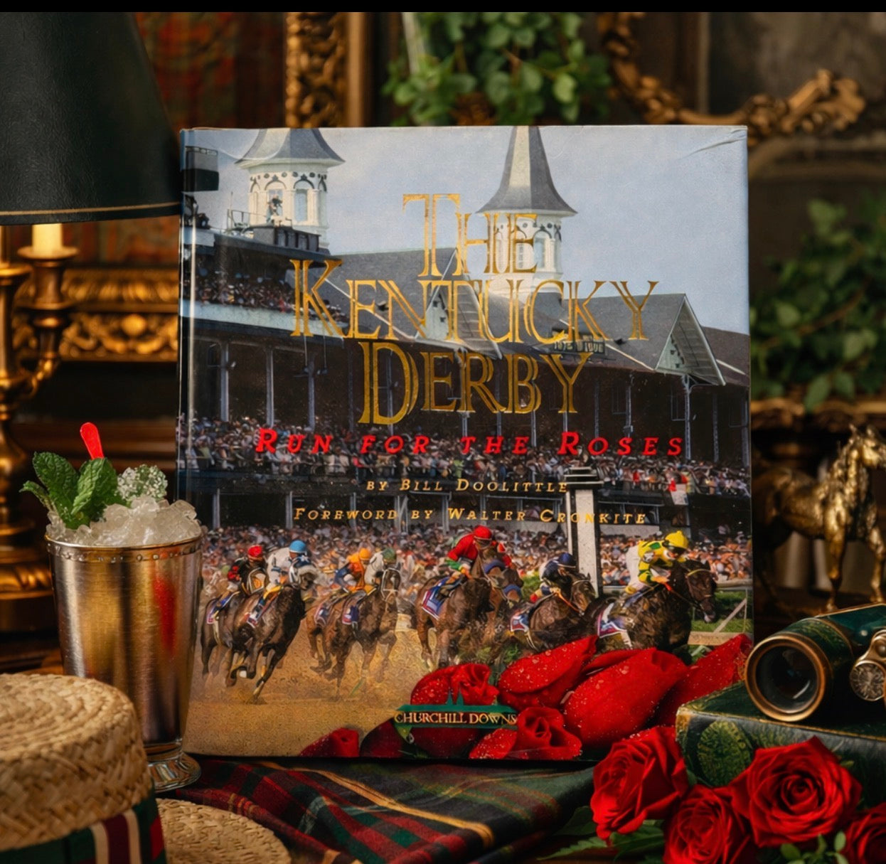 Book titled 'The Kentucky Derby: Run for the Roses' on a decorative table with roses and a lamp.