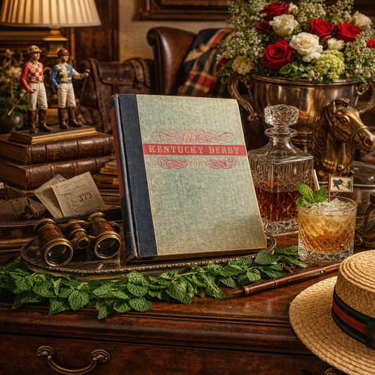 Kentucky Derby themed book on a wooden table with a cocktail, mint leaves, and decorative items.
