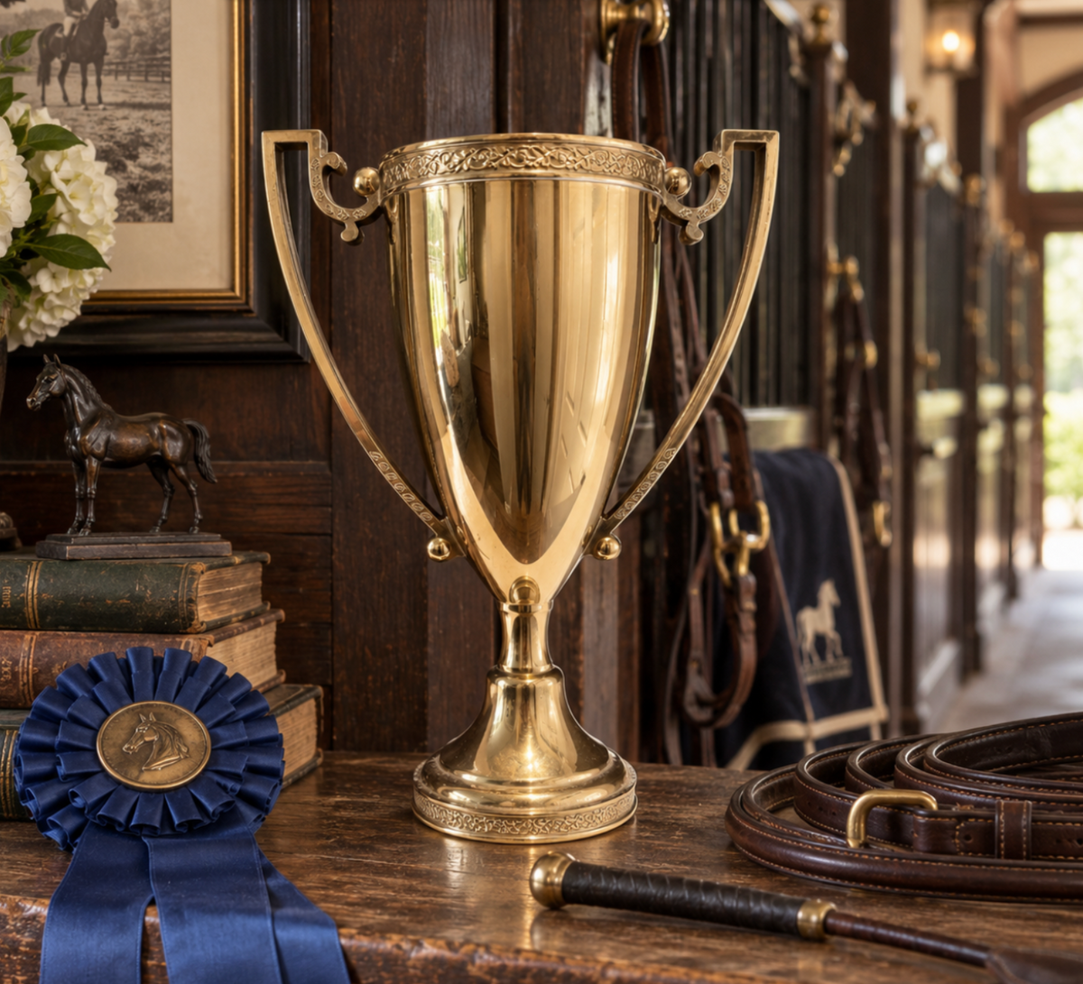 A polished gold equestrian trophy cup sits on a wooden table in a stable, surrounded by equestrian accessories including a blue ribbon rosette, leather reins, a riding crop, and horse boots.