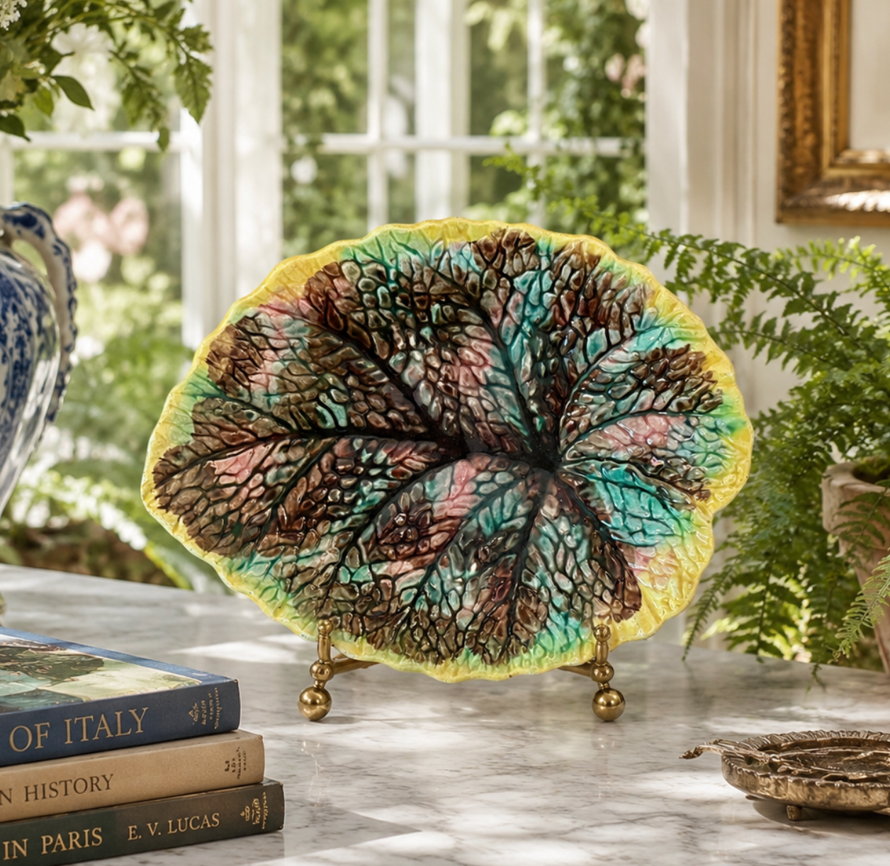 Decorative leaf-shaped object on a table with books and plants in the background