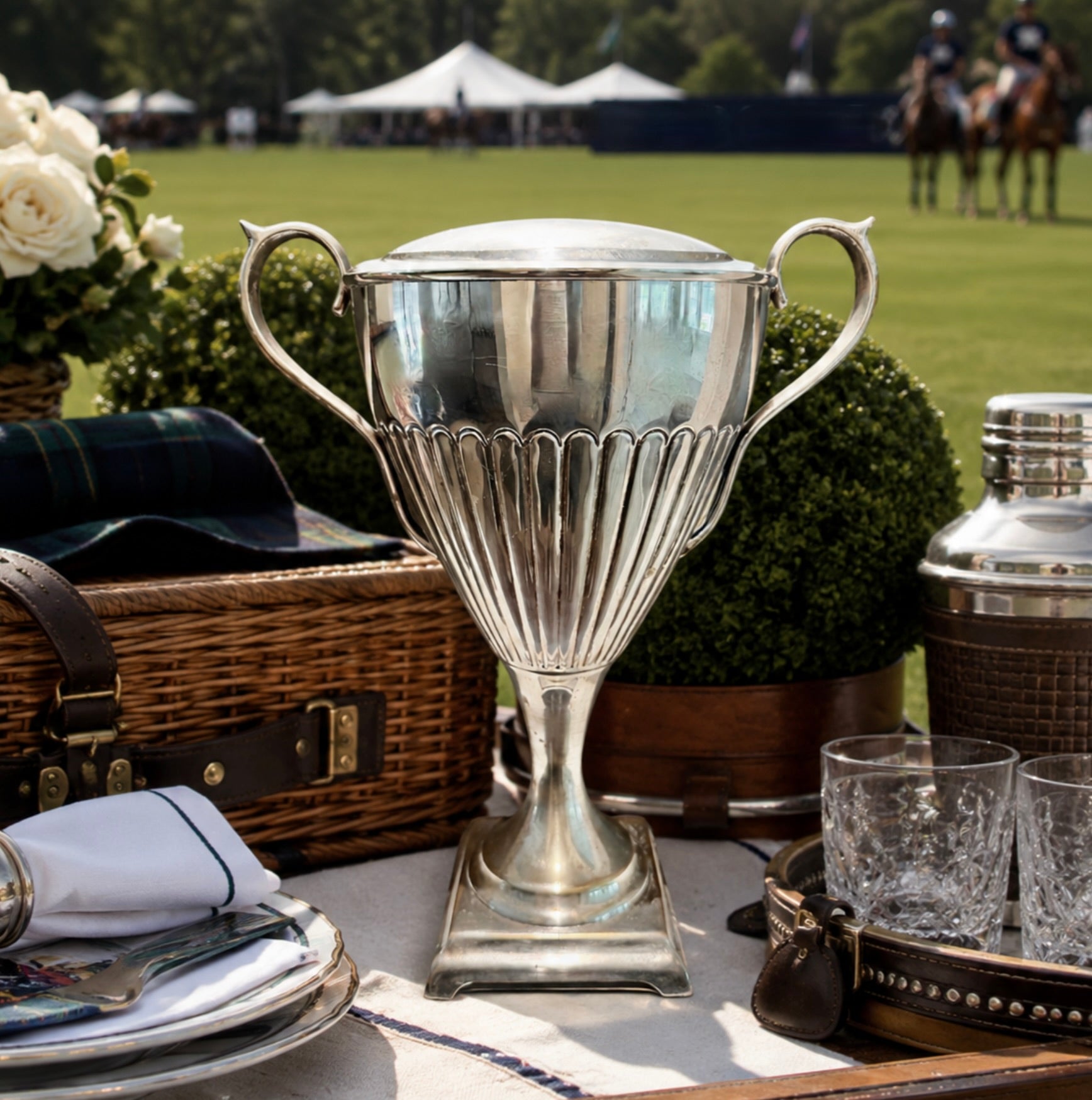 A polished silver metal trophy cup with two handles and a fluted stem, displayed on an outdoor table with a wicker basket, flowers, glasses, and a blurred equestrian background.