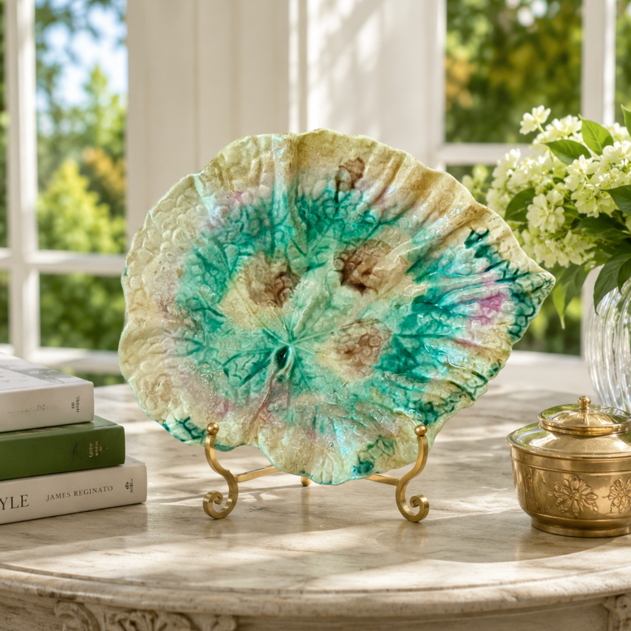 Decorative plate with floral design on a stand, placed on a table with books and a vase.