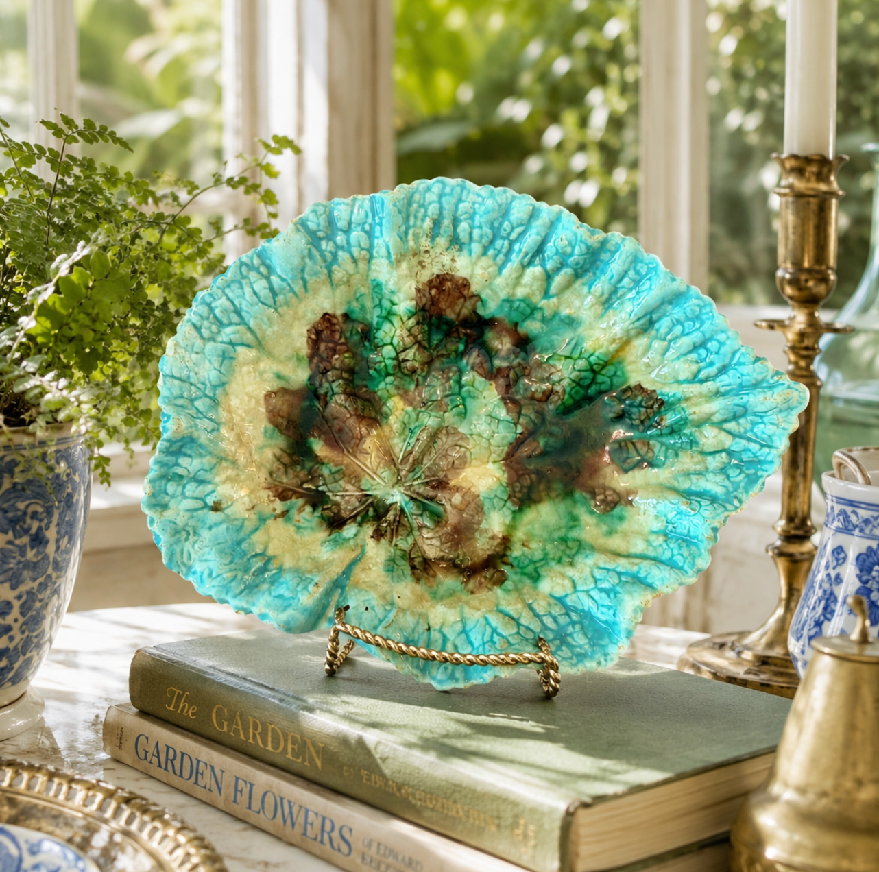 Decorative plate with a floral design on a stand, placed on books with a window and plants in the background.