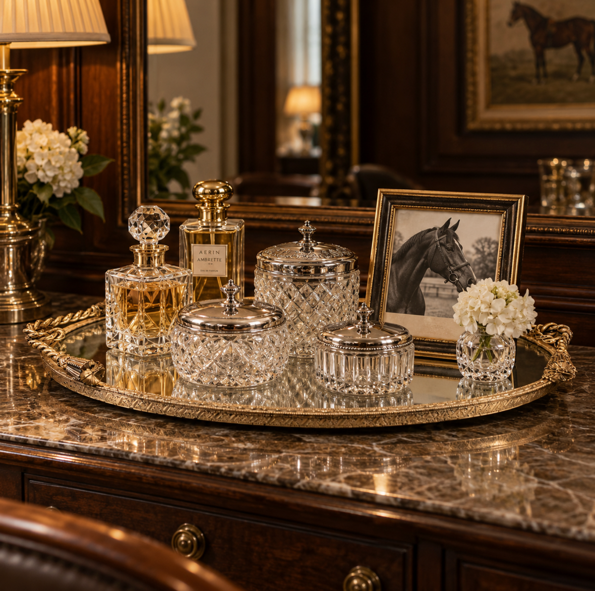A luxury silver and crystal jewelry organizer set, including a lidded perfume bottle, two crystal jars, and a small vase with white flowers, arranged on a gold-trimmed oval tray on a dark wood vanity.