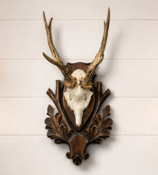 Decorative wall mount with deer antlers on a wooden background