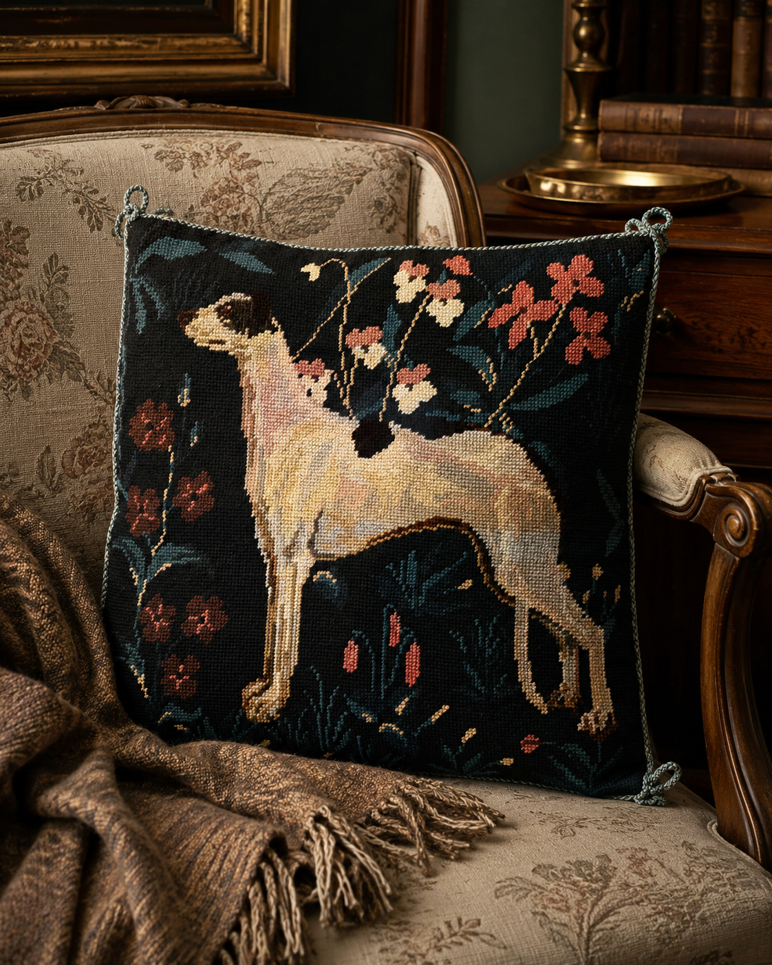 Decorative pillow with a dog and floral design on a patterned chair.