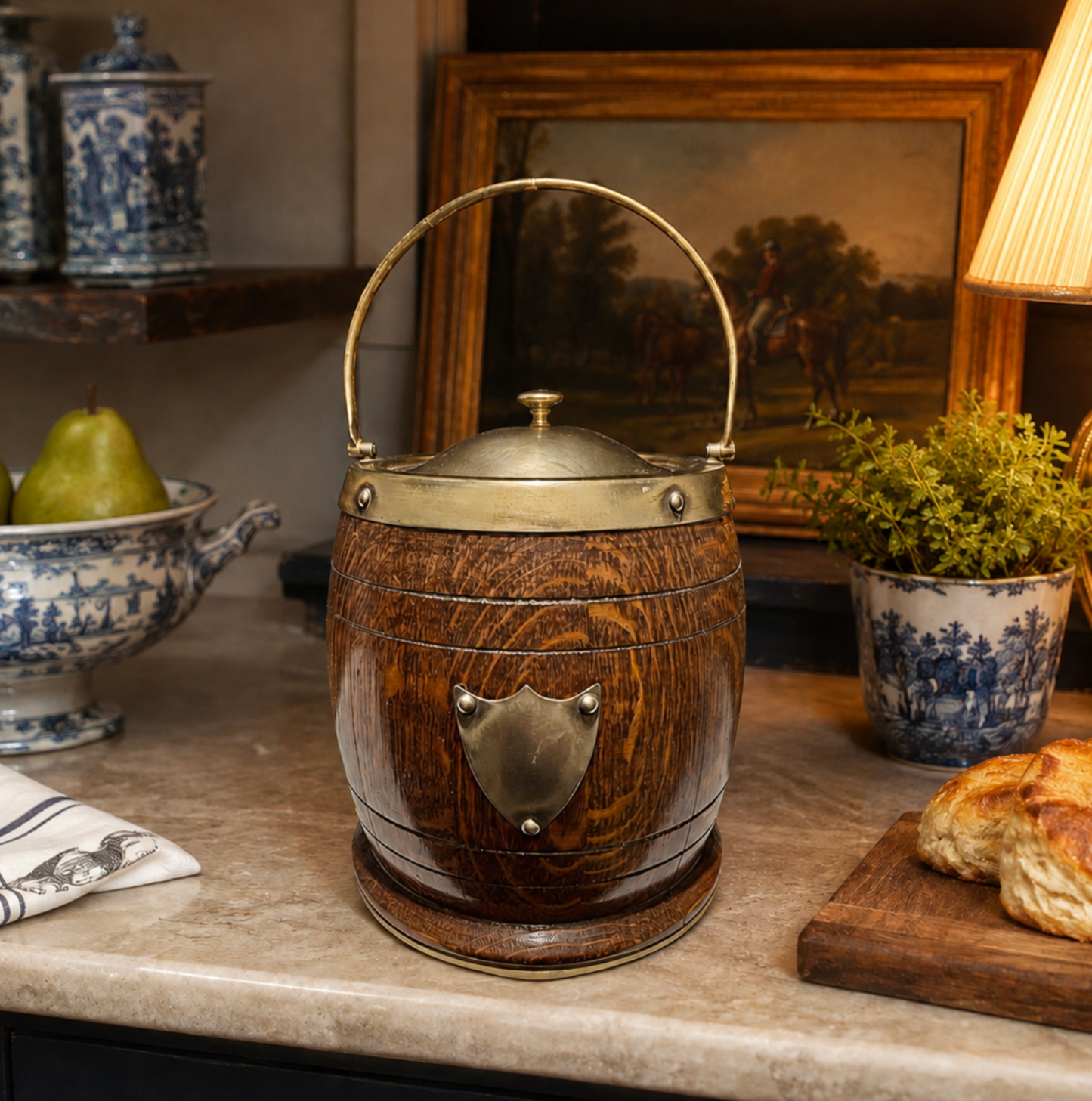 Antique English Oak Biscuit Barrel with Ceramic Liner
