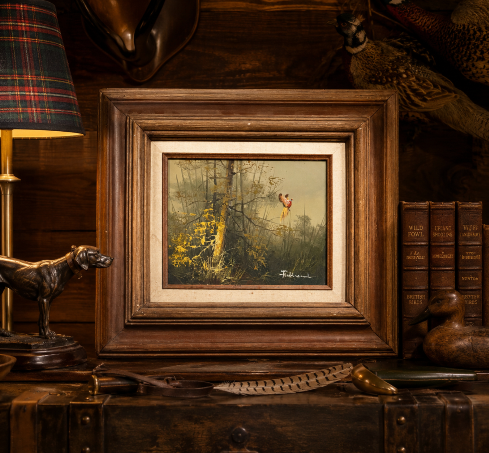 Framed painting on a wooden surface with books and decorative items