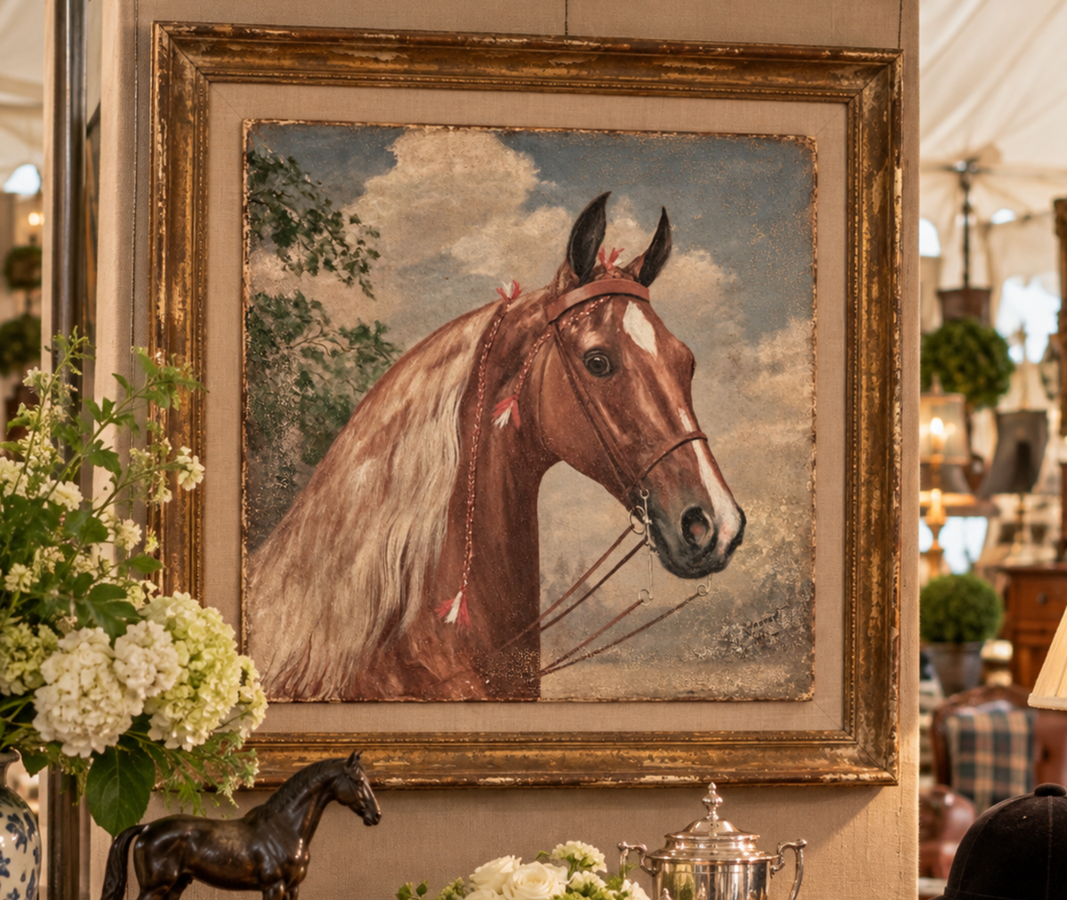 A framed vintage oil painting of a brown horse with a white blaze, wearing a bridle, displayed on a wall in a shop setting with flowers and decor in the foreground.