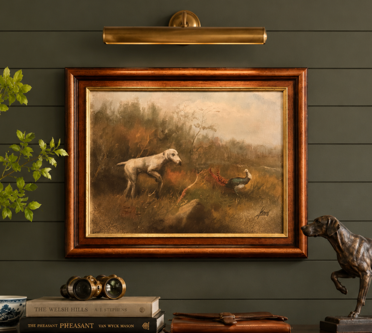 Framed painting of a dog and birds on a wall with decorative items below.