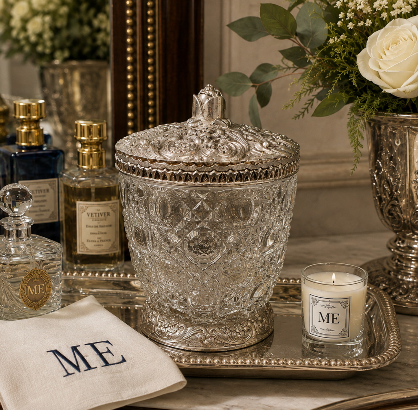 An ornate silver-toned glass lidded jar with a cut-glass pattern sits on a decorative tray in a styled interior setting. Surrounding props include a small lit candle, perfume bottles, flowers, and a folded napkin with the word 'ME'.