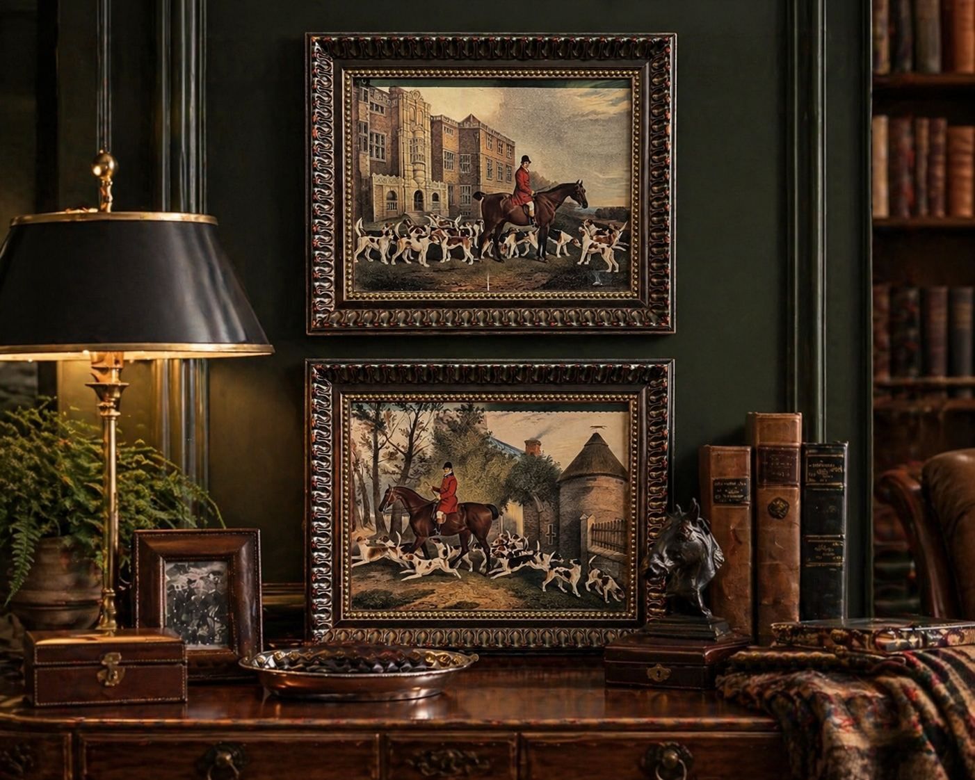 Two framed paintings of hunting scenes on a wooden dresser with books and a lamp.