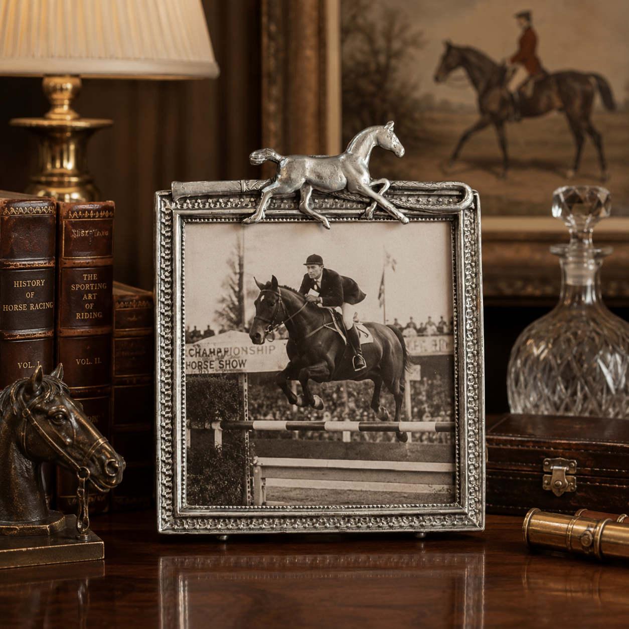 Decorative frame with a horse and rider photo on a wooden surface with books and a lamp.