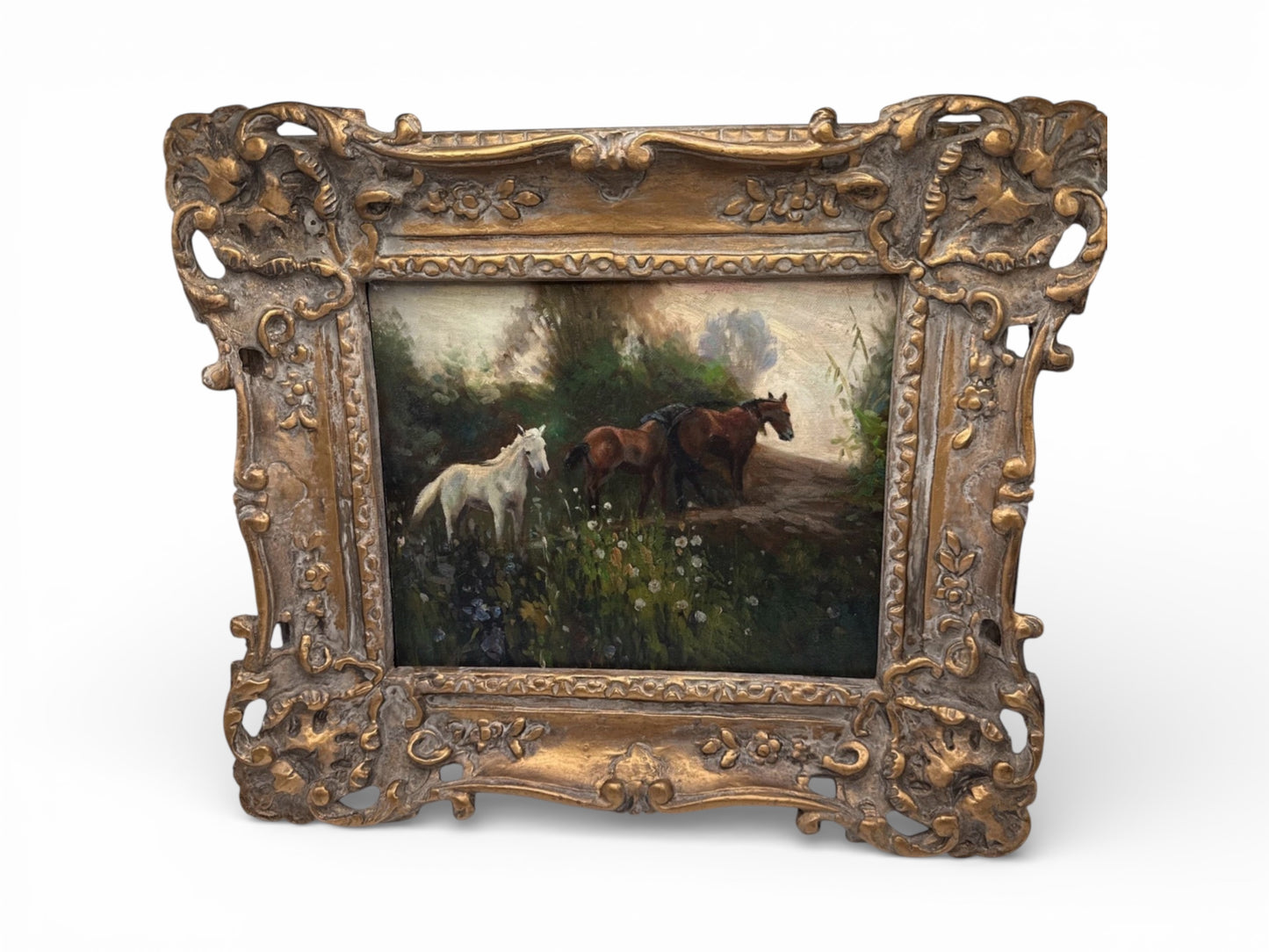 Vintage Horse Oil Painting – Equestrian Landscape in Gilt Frame