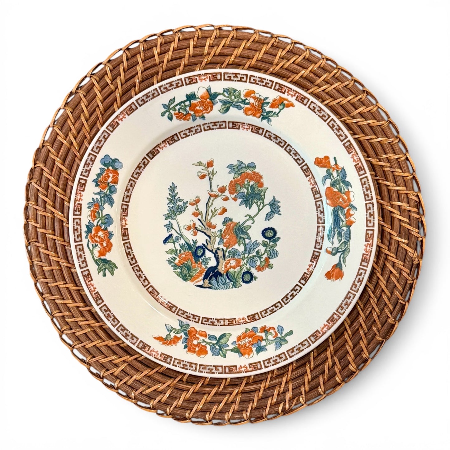 Vintage Warwick Floral Place Settings with Woven Rattan Chargers - Set for 2