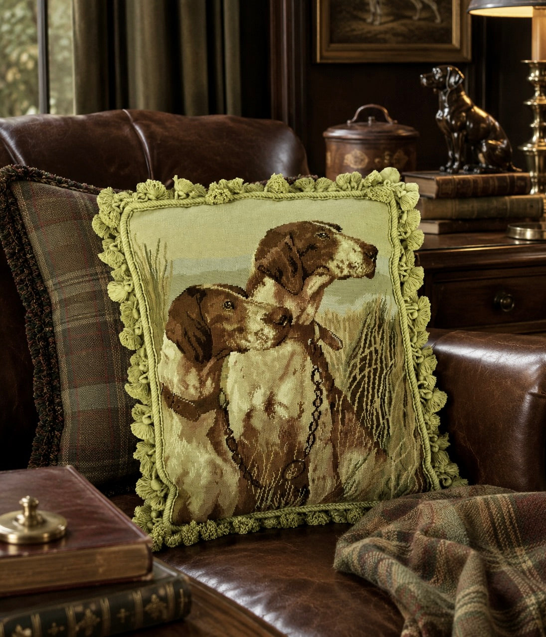 Vintage Handmade Needlepoint Pointer Dog Pillow | 15x20 Field Dog Hunting Pillow with Velvet Backing