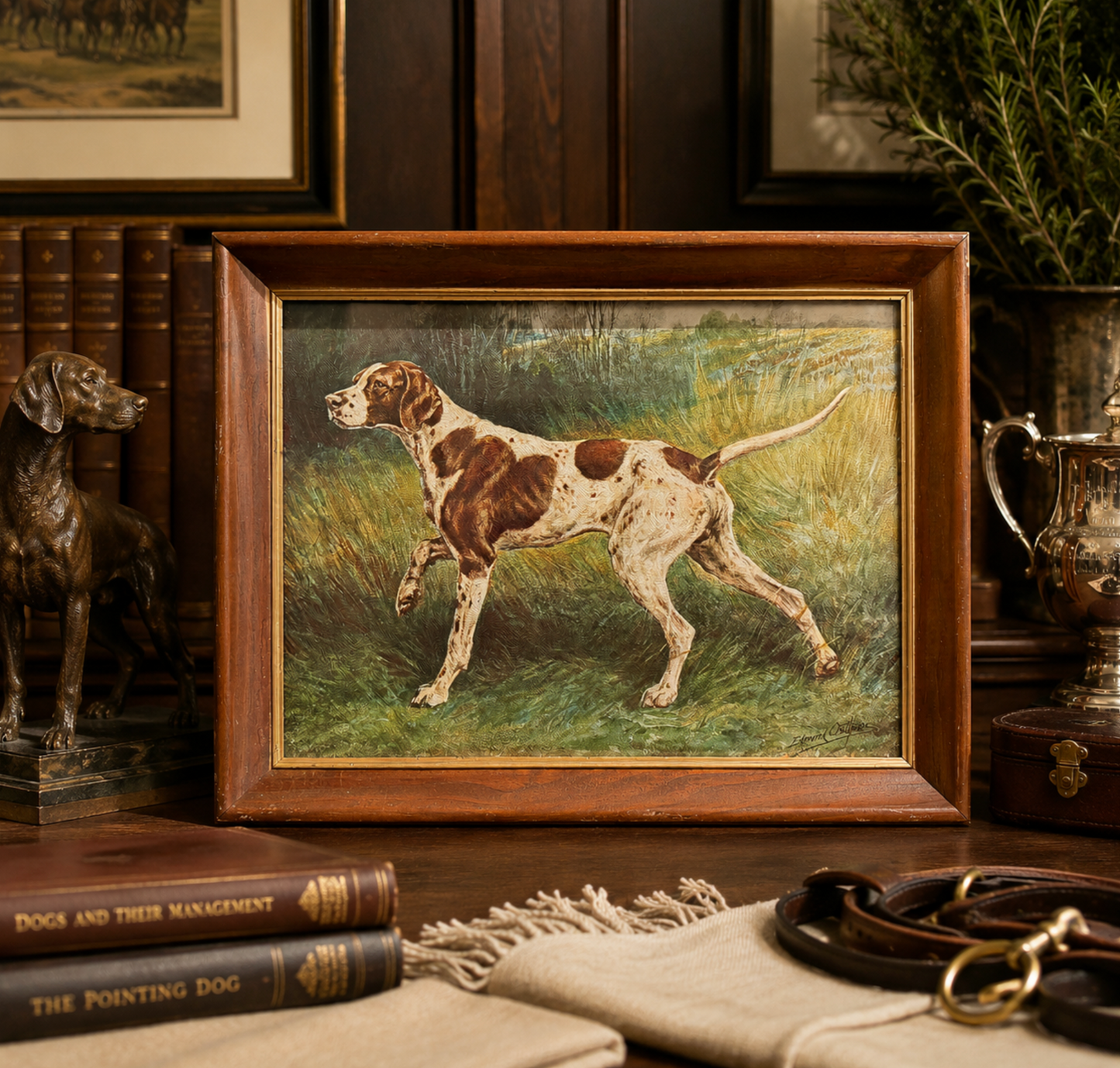 Vintage Textured Edmund Osthaus Pointer Sporting Dog Print in Wood Frame