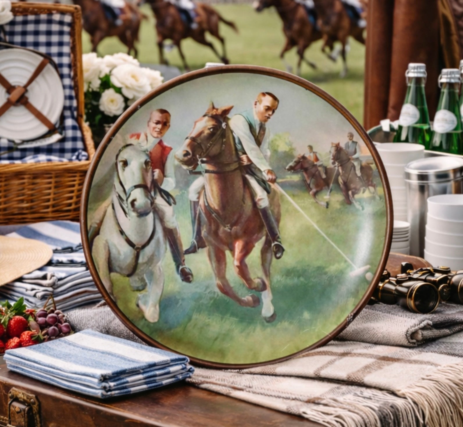 Decorative plate with horse racing scene on a picnic table with food and drinks.