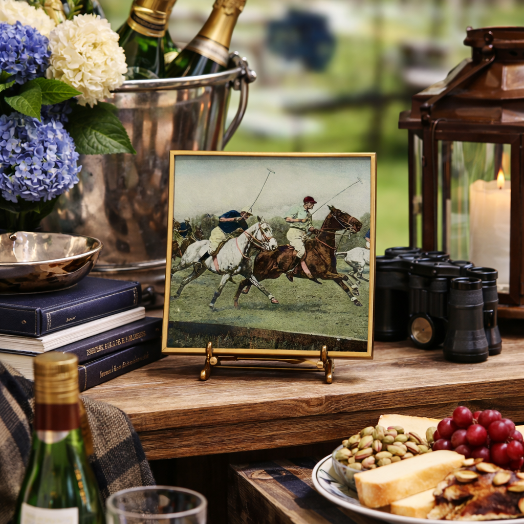 Vintage Polo Scene Glass Trinket Dish with Gold Trim