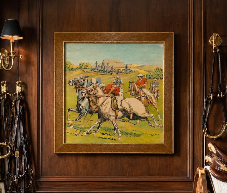 Vintage 1938 Otto Brennemann Polo Match Lithograph in Wood Frame Under Glass
