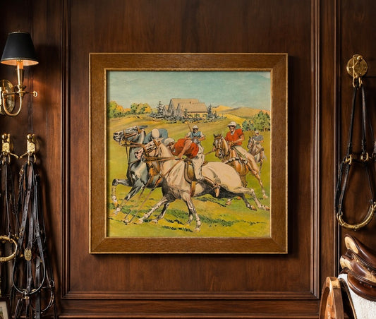 Vintage 1938 Otto Brennemann Polo Match Lithograph in Wood Frame Under Glass