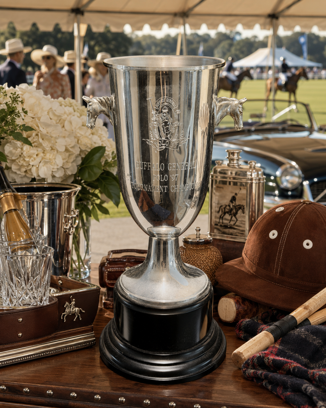 Silver trophy with black base on a table with polo-related items in the background