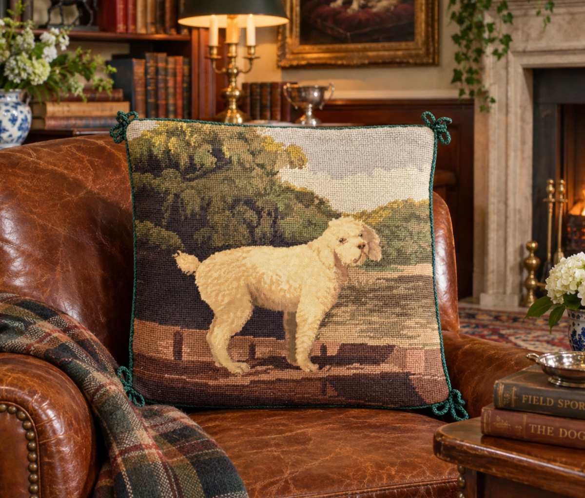 A square woven throw pillow featuring a cream-colored poodle in a landscape scene, styled on a brown leather armchair in a cozy, traditional living room setting.