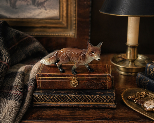 Fox figurine on a wooden box with a lamp and plaid blanket in the background