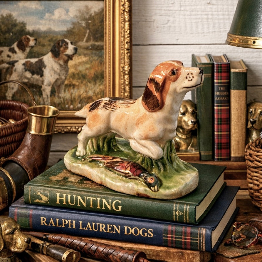 Decorative dog figurine on books with hunting theme, surrounded by vintage decor.