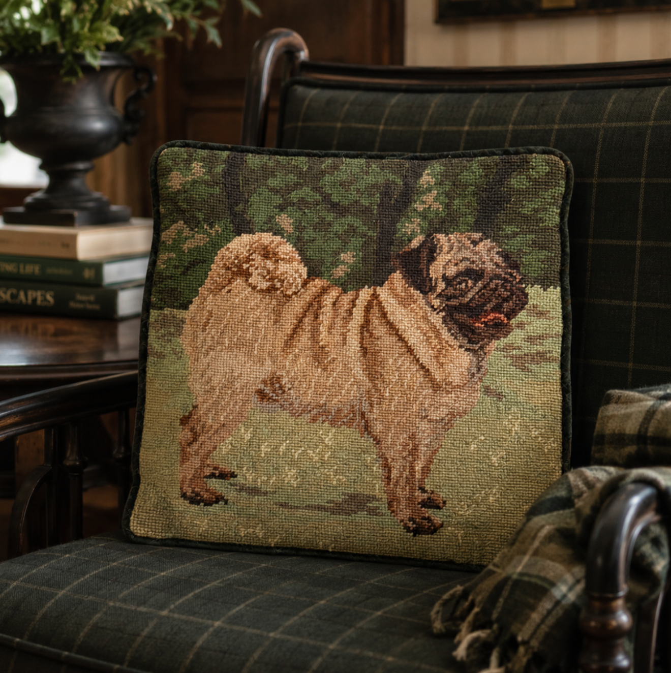 Vintage Handmade Pug Needlepoint Pillow Cover